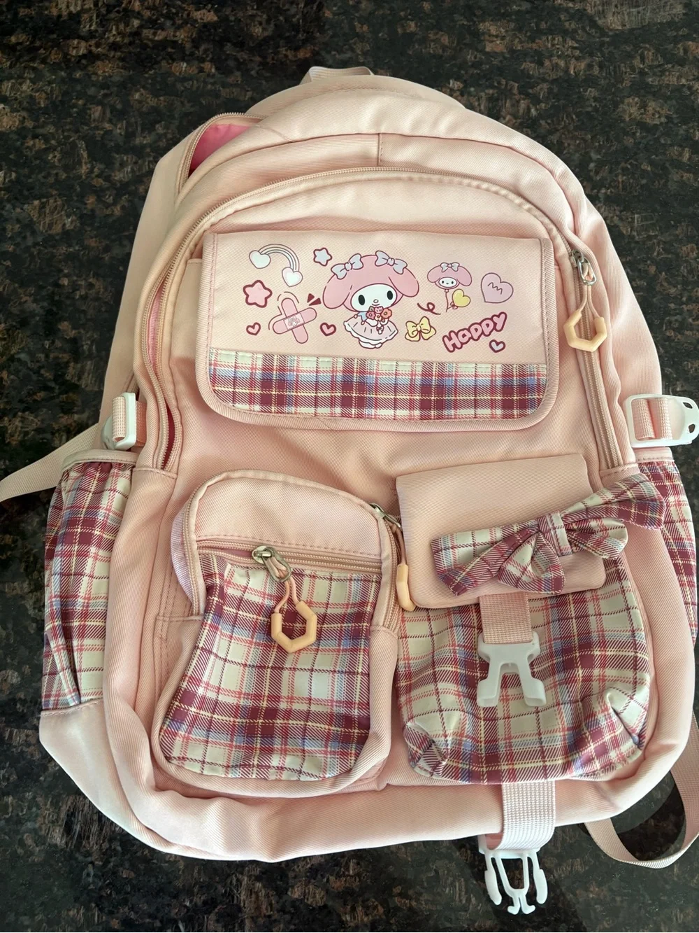 Kawaii Backpack Pink Kids Backpack with Plaid Accents and Cute Character Design